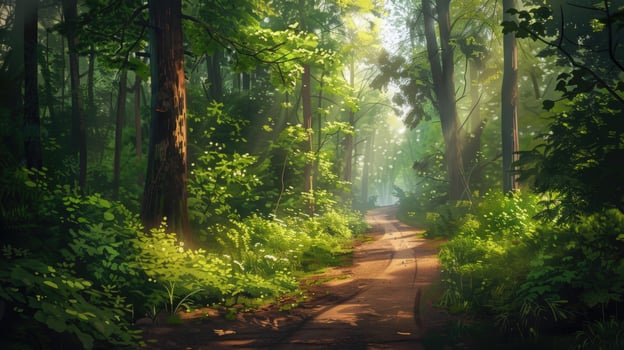 A sunlit forest path surrounded by lush green foliage in summer. photo