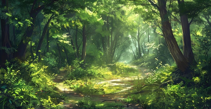 A sunlit forest path surrounded by lush green foliage in summer. photo