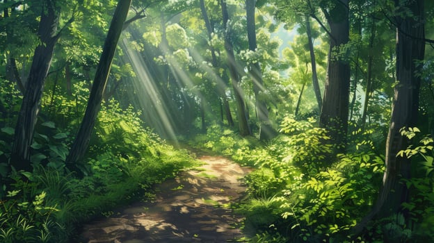 A sunlit forest path surrounded by lush green foliage in summer. photo