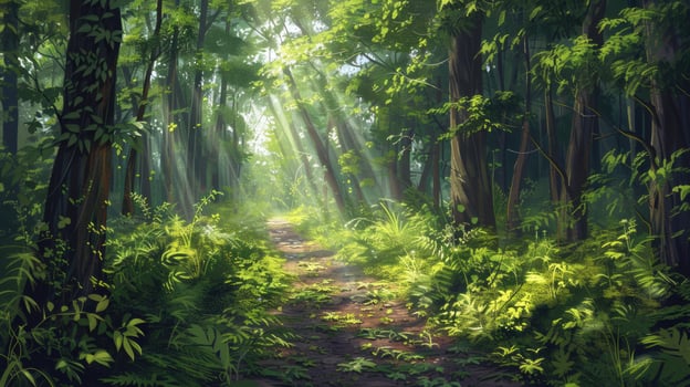 A sunlit forest path surrounded by lush green foliage in summer. photo