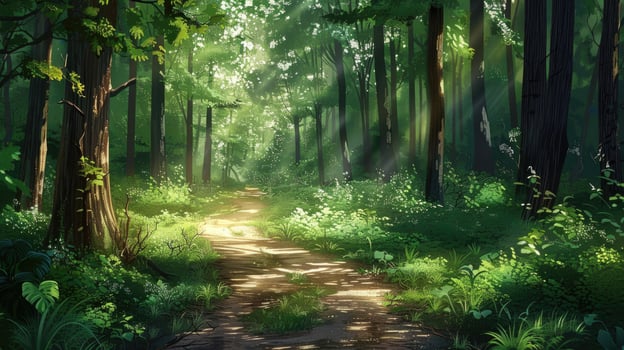 A sunlit forest path surrounded by lush green foliage in summer. photo