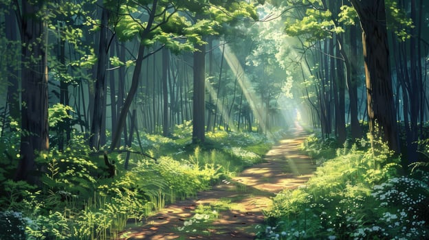 A sunlit forest path surrounded by lush green foliage in summer. photo