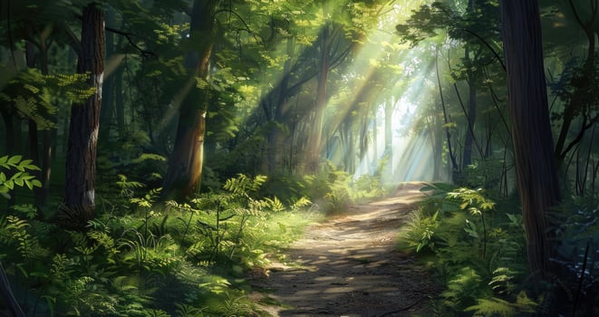 A sunlit forest path surrounded by lush green foliage in summer. photo