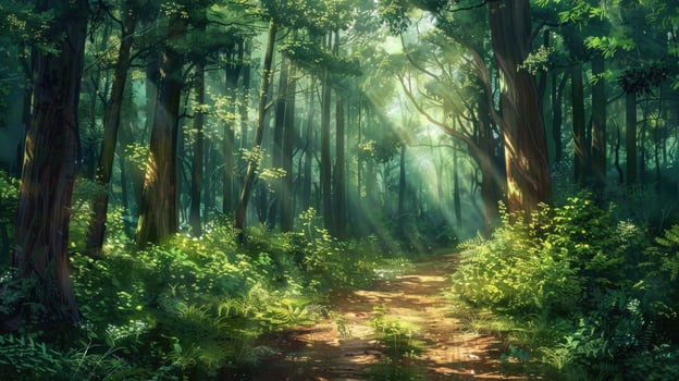 A sunlit forest path surrounded by lush green foliage in summer. photo