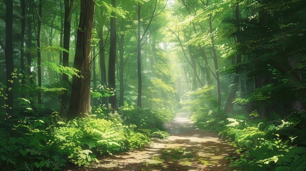A sunlit forest path surrounded by lush green foliage in summer. photo