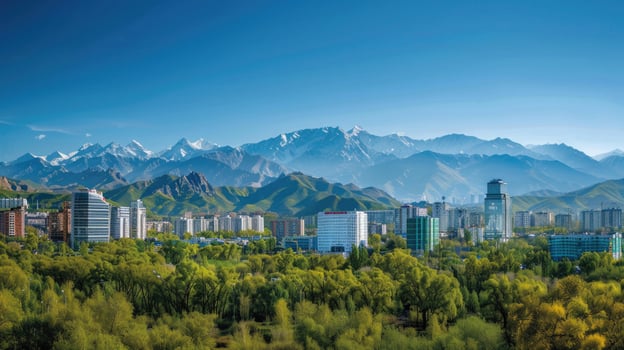 A panoramic view of Almaty's skyline with the majestic mountains in the background. photo