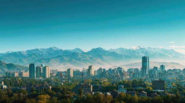 A panoramic view of Almaty's skyline with the majestic mountains in the background. photo