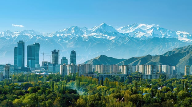 A panoramic view of Almaty's skyline with the majestic mountains in the background. photo