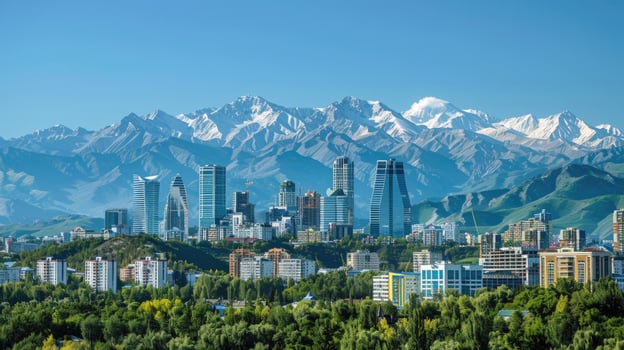 A panoramic view of Almaty's skyline with the majestic mountains in the background. photo