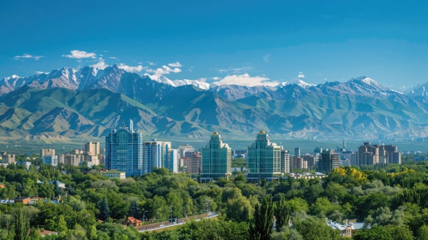 A panoramic view of Almaty's skyline with the majestic mountains in the background. photo