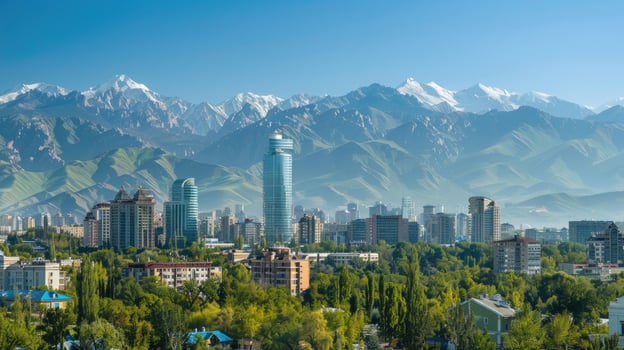 A panoramic view of Almaty's skyline with the majestic mountains in the background. photo