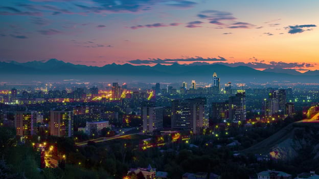 An expansive view of Almaty's cityscape at dusk with vibrant lights and mountains visible. photo
