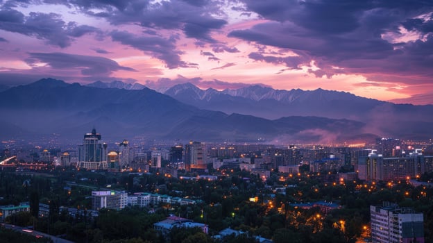 An expansive view of Almaty's cityscape at dusk with vibrant lights and mountains visible. photo