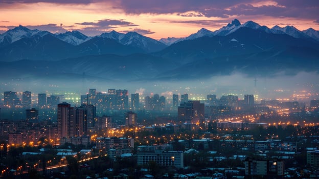 An expansive view of Almaty's cityscape at dusk with vibrant lights and mountains visible. photo