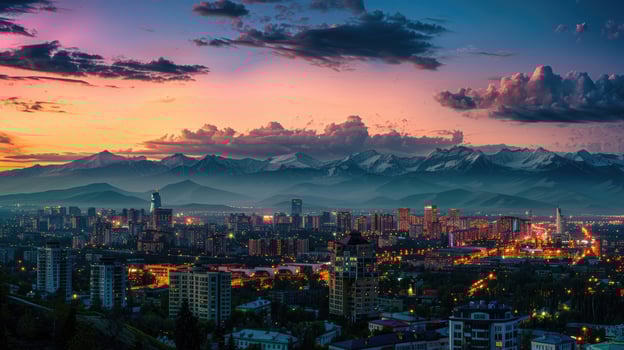 An expansive view of Almaty's cityscape at dusk with vibrant lights and mountains visible. photo