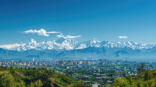 A sweeping view of Almaty with snow-capped mountains in the distance on a bright sunny day. photo