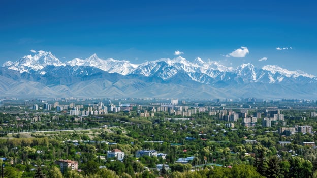 A sweeping view of Almaty with snow-capped mountains in the distance on a bright sunny day. photo