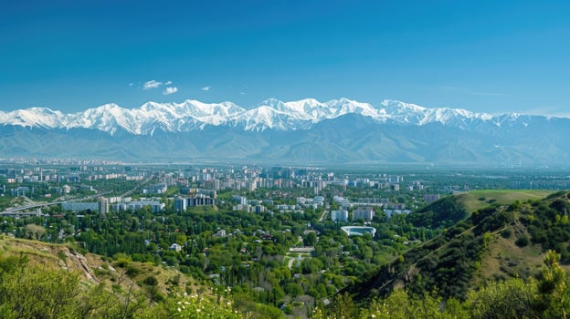 A sweeping view of Almaty with snow-capped mountains in the distance on a bright sunny day. photo