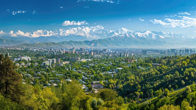 A sweeping view of Almaty with snow-capped mountains in the distance on a bright sunny day. photo
