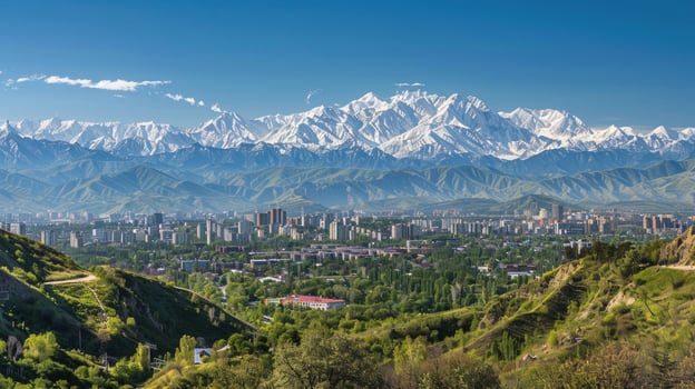A sweeping view of Almaty with snow-capped mountains in the distance on a bright sunny day. photo
