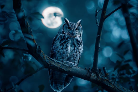owl perched on a branch under a full moon nature background photo