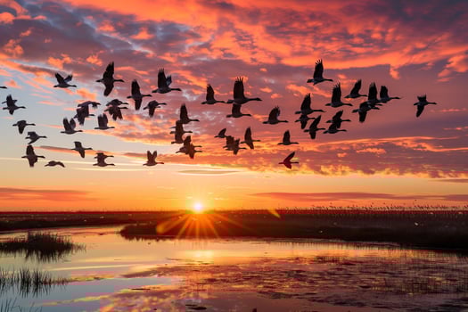 Panoramica flock of geese flying over a vast wetland during sunset nature background photo