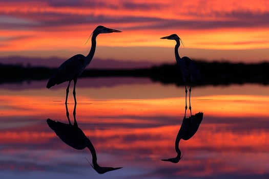 Reflection of a Heron Standing Gracefully in Still Water Mirrored Against a Sunset Sky Nature Background photo