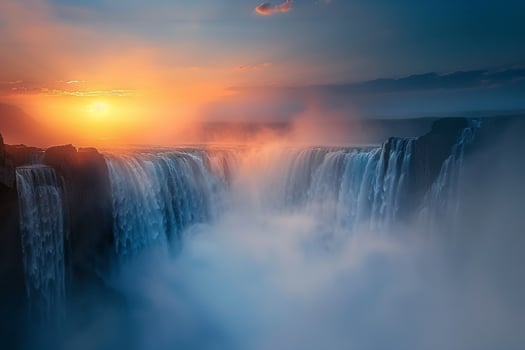 Sunset Over Misty Waterfall Nature Background photo