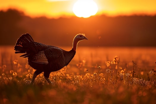 Silhouette of a Turkey Walking Through a Field During Sunset with Nature Background and Golden Horizon photo