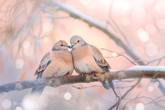 Soft a Pair of Mourning Doves Nestled Together on a Tree Branch with  Pastel Background photo
