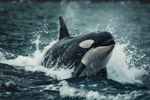 Orca Breaching the Ocean Surface with Water Splashing Around Marine Wildlife Background photo