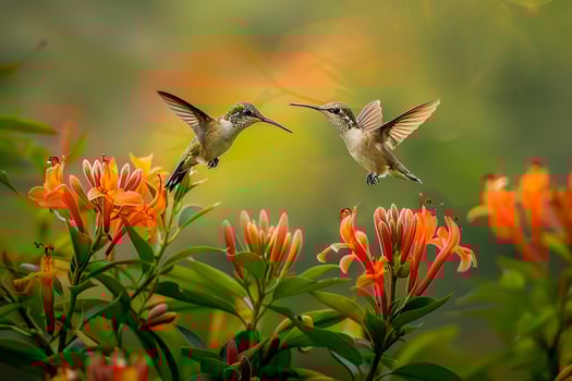 Hummingbirds Hovering Around  Orange Honeysuckle Flowers   Nature Background photo