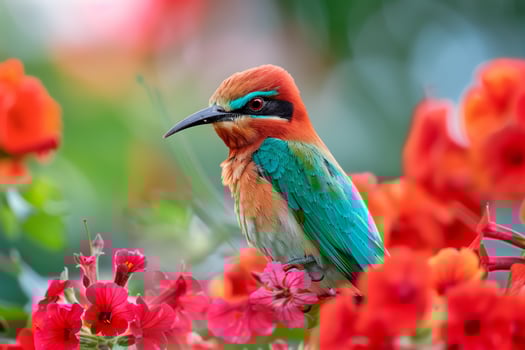 Northern Carmine Bee Eater Perched Among Red Geraniums   Nature Background photo