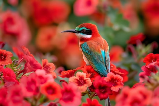Northern Carmine Bee Eater Perched Among Red Geraniums   Nature Background photo