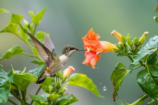 Ruby Throated Hummingbird Sipping Nectar from Trumpet Vine   Nature Background photo