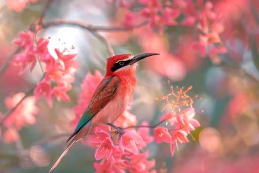 Southern Carmine Bee eater Amidst Blooming Acacia Flowers   Nature Background photo