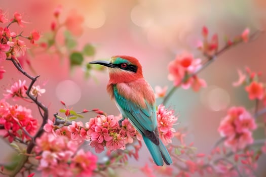 Southern Carmine Bee eater Amidst Blooming Acacia Flowers   Nature Background photo