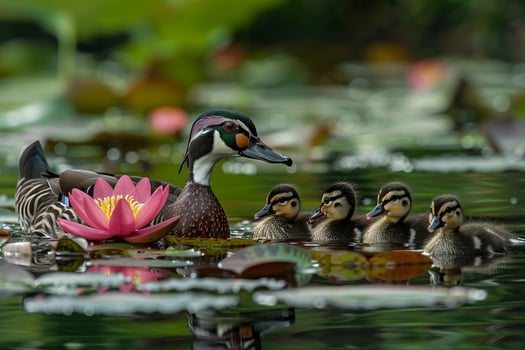 Wood Duck Family Swimming Among Lily Pads Background Nature photo