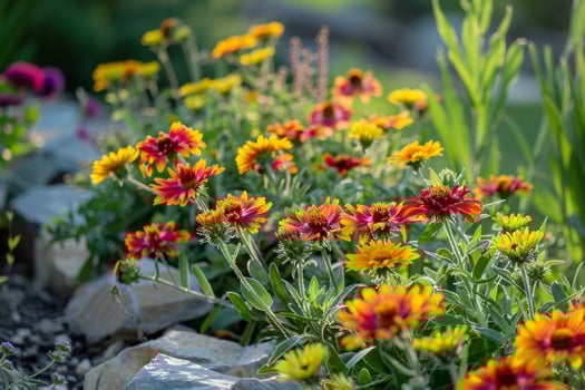 Gaillardia flowers in a sunny garden bed background Nature photo