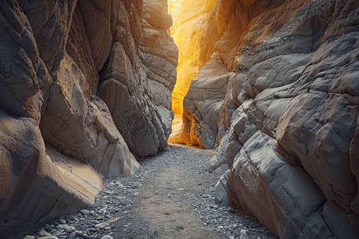Narrow Desert Slot Canyon with Sunlight Filtering Through Tall Walls Background Nature photo