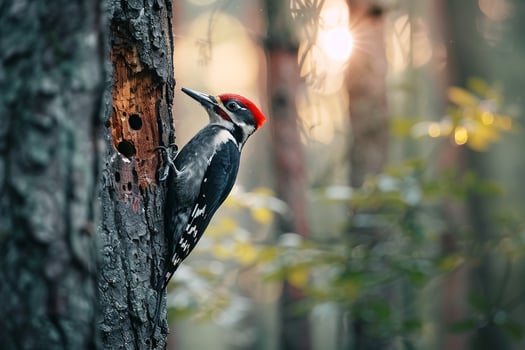 Resilient Woodpecker Drumming on Tree Trunk in Forest Nature Background photo