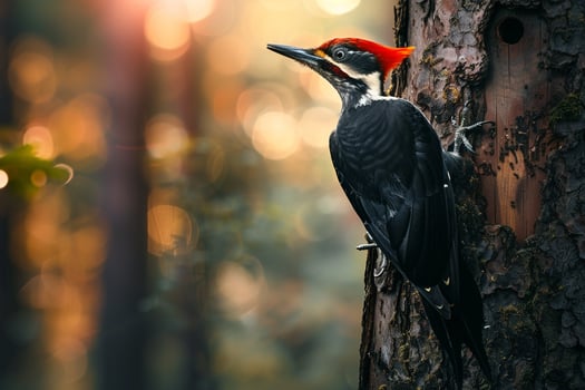 Resilient Woodpecker Drumming on Tree Trunk in Forest Nature Background photo