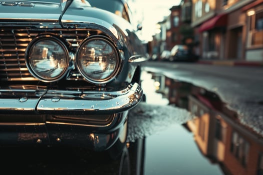 Nature Background of Classic Cars Chrome Bumper and Grille. Reflections of Nearby Buildings photo