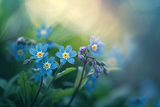Blue ForgetMeNot Flowers with Tiny Green Leaves in a  Nature Background photo