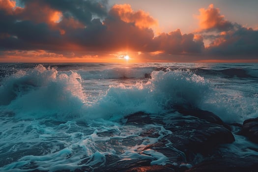Serene Coastal Sunrise with Waves Crashing on Rocks. Nature Background photo