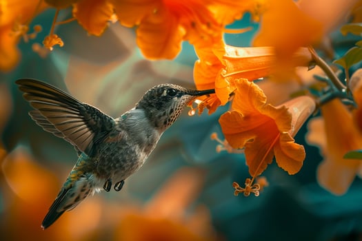 Nature Background of a Hummingbird Sipping Nectar from a  Orange Trumpet Vine Background Nature photo