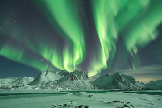 Aurora borealis dancing over snowy mountains. background. Nature photo