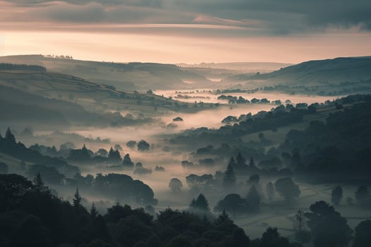 Panoramic Mist Covered Valleys at Dawn Background Nature photo