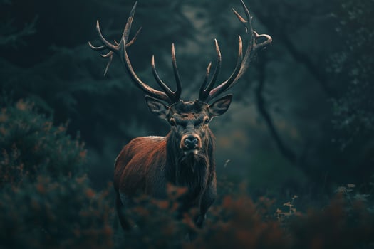 Stag with Majestic Antlers in Forest Clearing. Background. Nature photo