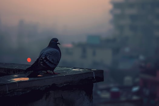 A Pigeon Resting on a City Rooftop at Dawn. Background. Nature photo